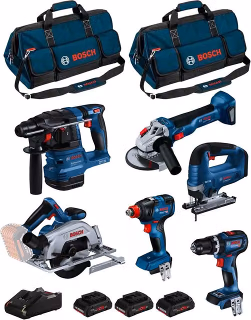 Bosch Kit BK604BAG con avvitatore, trapano, seghetto, aspiratore, smerigliatrice e 3 batterie da 4,0Ah Blu
