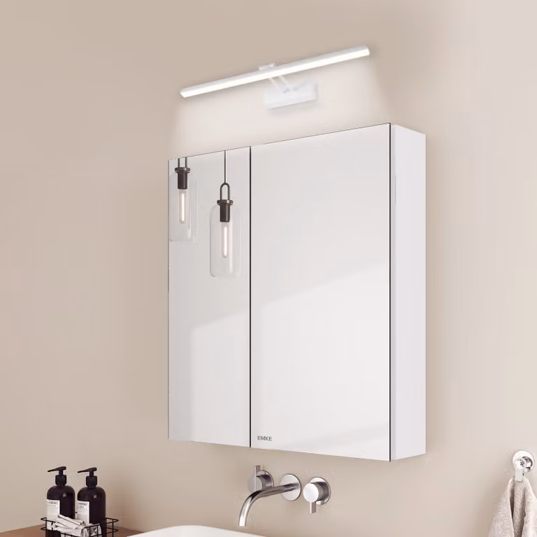 Armadietto a specchio e lampade a specchio EMKE, 60x65x14,5 cm 2 ripiani in vetro Armadietto a specchio per bagno bianco e applique bianche Luce bianca fredda 6500k