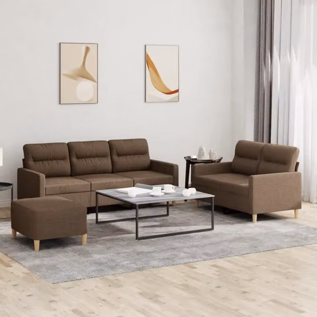 vidaXL Set di Divani 3 pz Moderno in Tessuto Marrone con Cuscini e Pouf