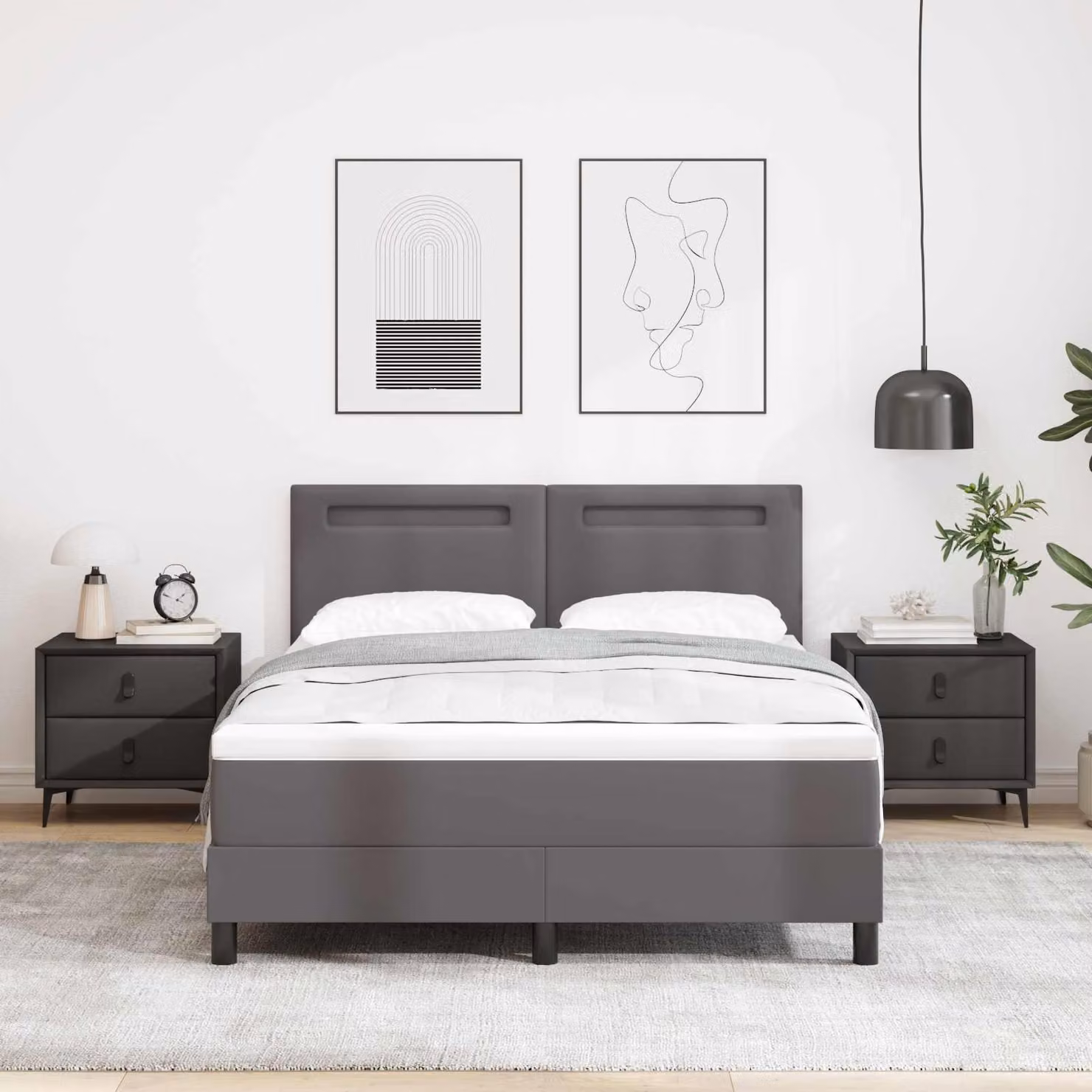 Letto matrimoniale con boxspring e materasso, grigio, 160 x 200 cm, rivestito in ecopelle
