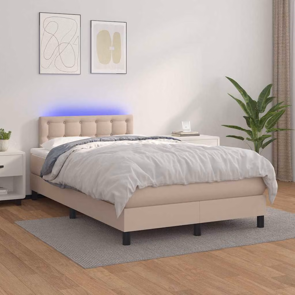Letto con giroletto a molle, materasso ibrido e illuminazione LED vidaXL, colore cappuccino, L 120 x P 200 cm – 1