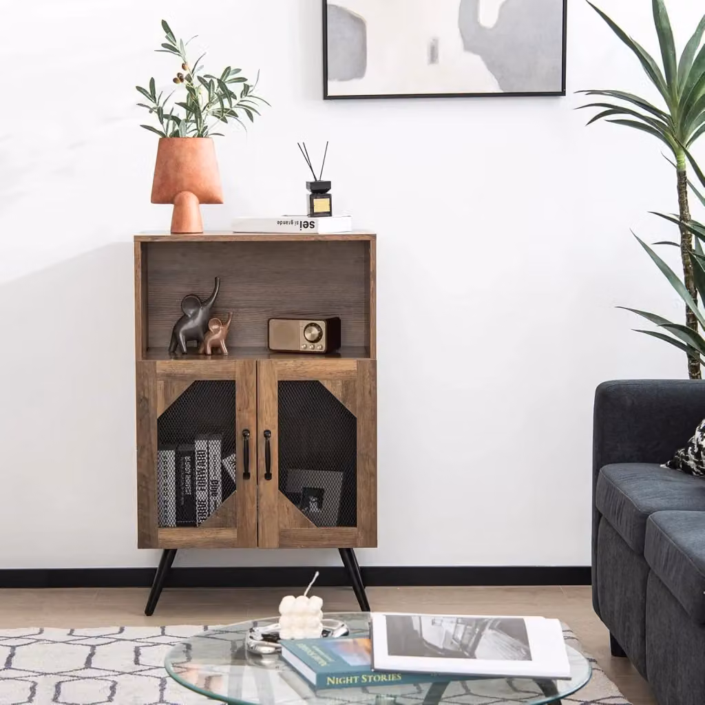 Costway Cantinetta vino in stile industriale con portabottiglie rimovibile e portabicchiere, Credenza da cucina con 2 ante in rete, Marrone – 2