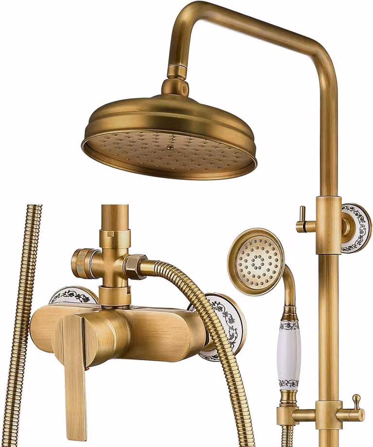Sistema doccia a pioggia antico - Soffione doccia in ottone - Doccetta manuale - Barra porta-doccia - Montaggio a parete - Ugello rotante da 20 cm