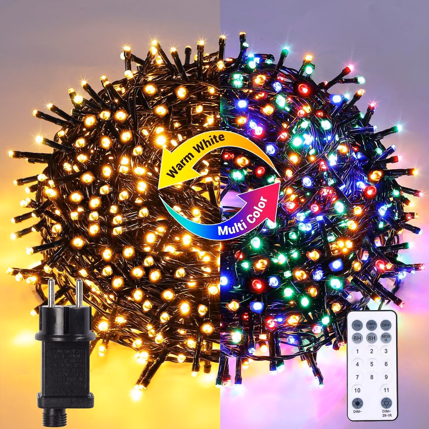 Catena luminosa da 100 metri, con 1000 LED, luce bianco caldo/multicolore, grado di protezione IP44, con timer