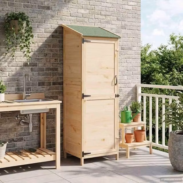 Rimessa Giardino Legno Naturale 59.5x56x176.5cm Tetto Asfalto Ventilato per Attrezzi Esterni
