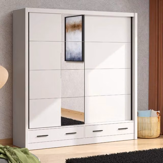Armadio da camera DMORA con ante scorrevoli e specchio, bianco e beige, L: 205 cm, P: 60 cm, H: 216 cm – 1