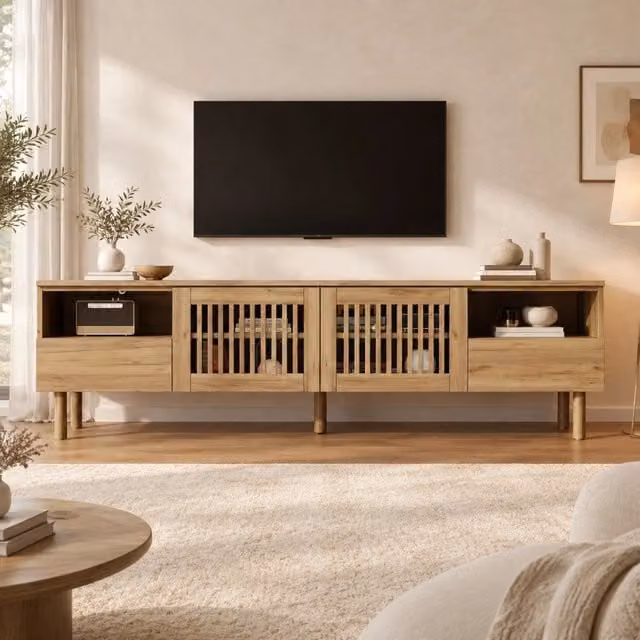 Mobile porta TV in MDF con 2 ante a griglia 2 cassetti e vani aperti per soggiorno legno naturale 180 × 40 × 51 cm