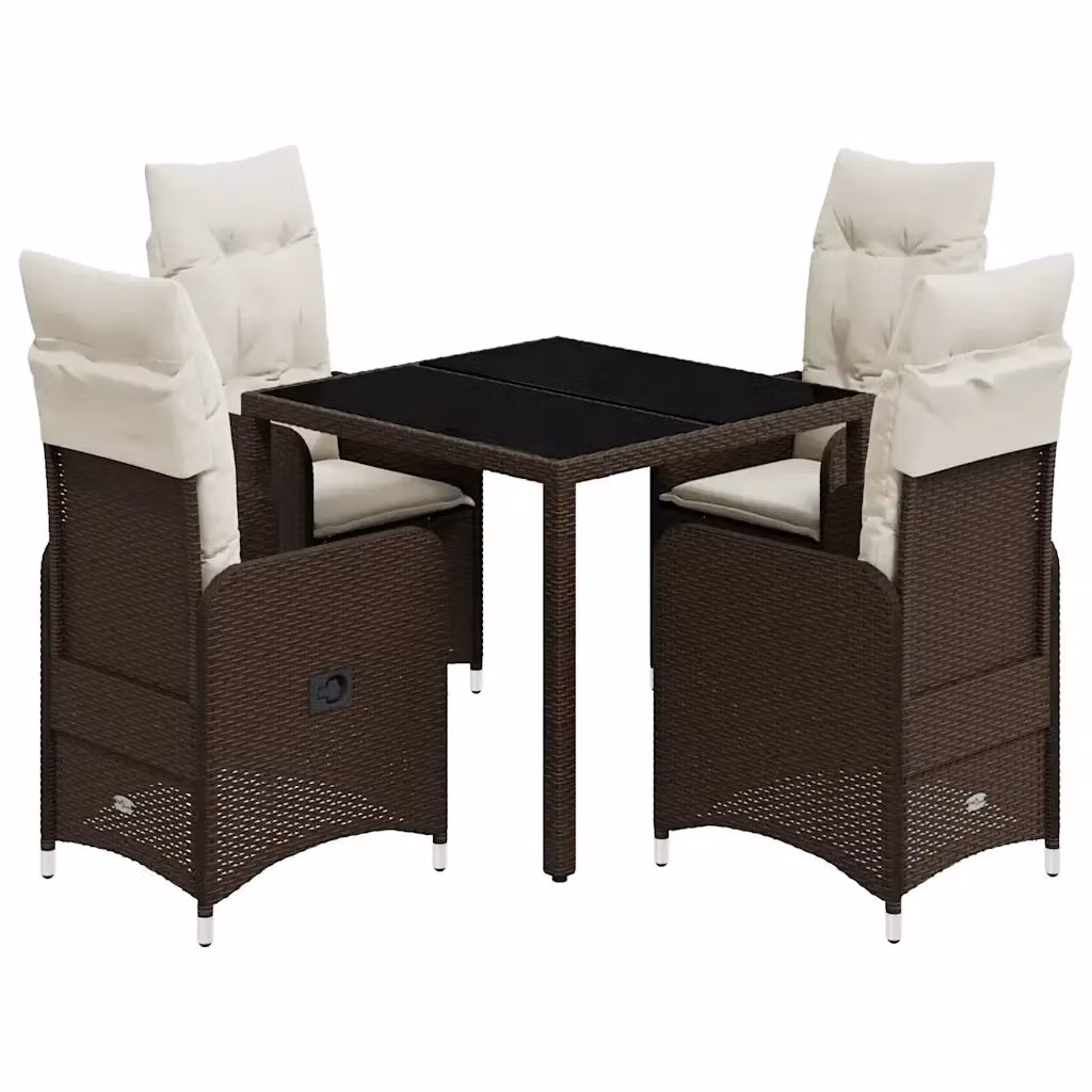 Set Bistrò da Giardino e Balcone vidaXL in Polyrattan Marrone con Cuscini Bianchi e Tavolo in Vetro 5 pz – 2