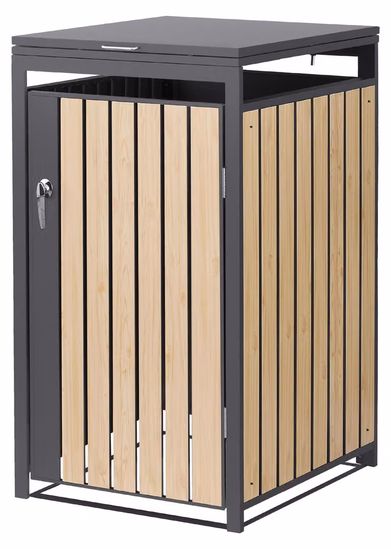 Contenitore per bidoni della spazzatura ML-Design, modello per 1 bidone da 1 tonnellata, capacità 240 litri, dimensioni 68x80x120 cm, finitura effetto legno di larice antracite, acciaio, resistente agli agenti atmosferici e con chiusura a chiave