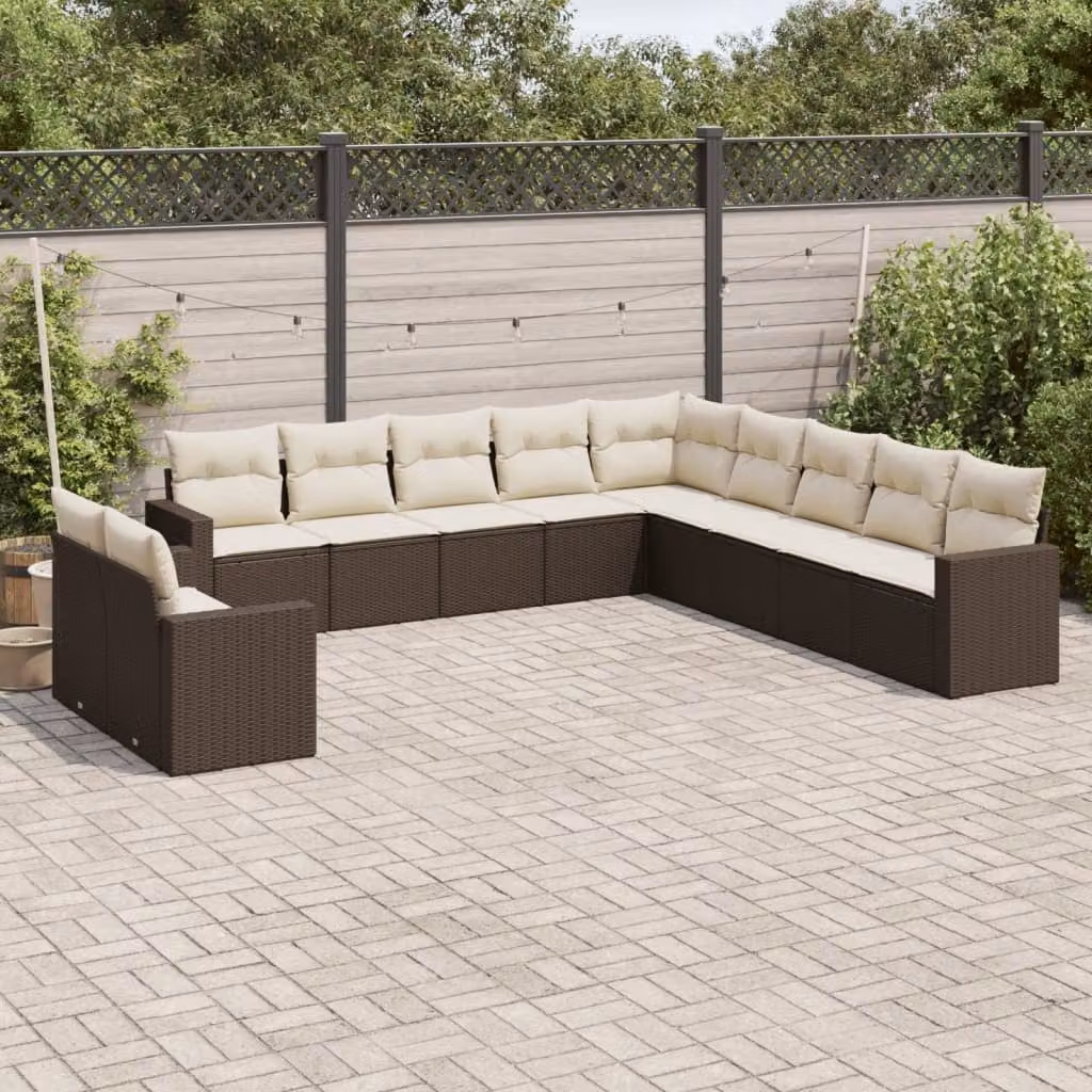 vidaXL Set Divani da Giardino 11 pz a Forma a L con Cuscini Marroni e Bianchi in Polyrattan e Acciaio – 1