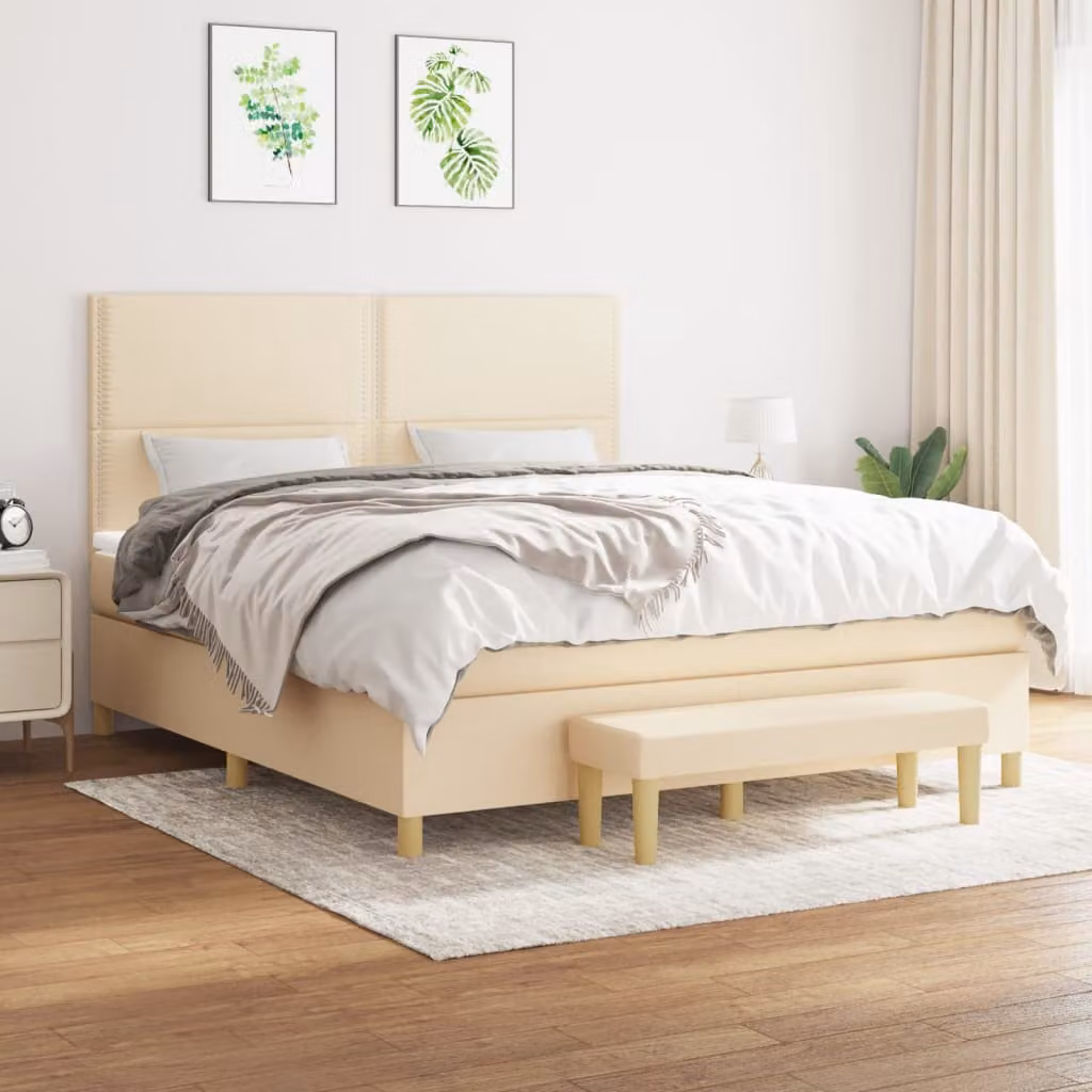 vidaXL Letto Ibrido con Giroletto a Molle e Materasso in Tessuto Beige e Bianco L: 180 cm, P: 200 cm, H: 128 cm