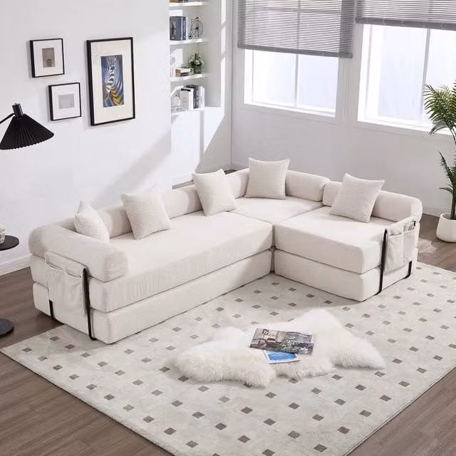 Divano contenitore angolare Minimal beige in tessuto morbido con funzione letto L/P/H: 180 x 73.9 x 64 cm