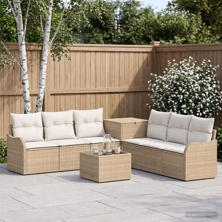 Set di divani da giardino vidaXL in polyrattan a forma di U, 8 pezzi, Beige e Bianco Crema con cuscini e tavolino da esterno