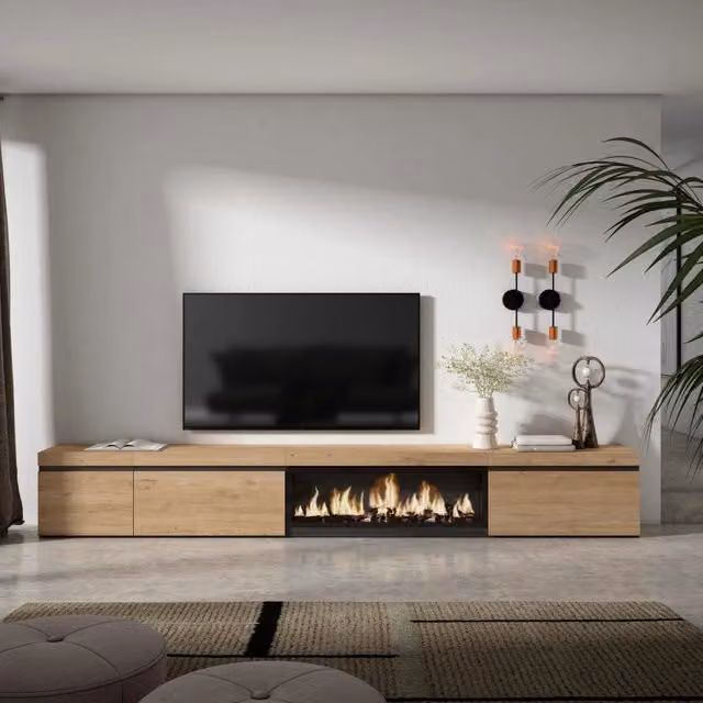 Mobile TV Soggiorno, 317x35x45cm, Camino elettrico XXL, colore Rovere RF3676