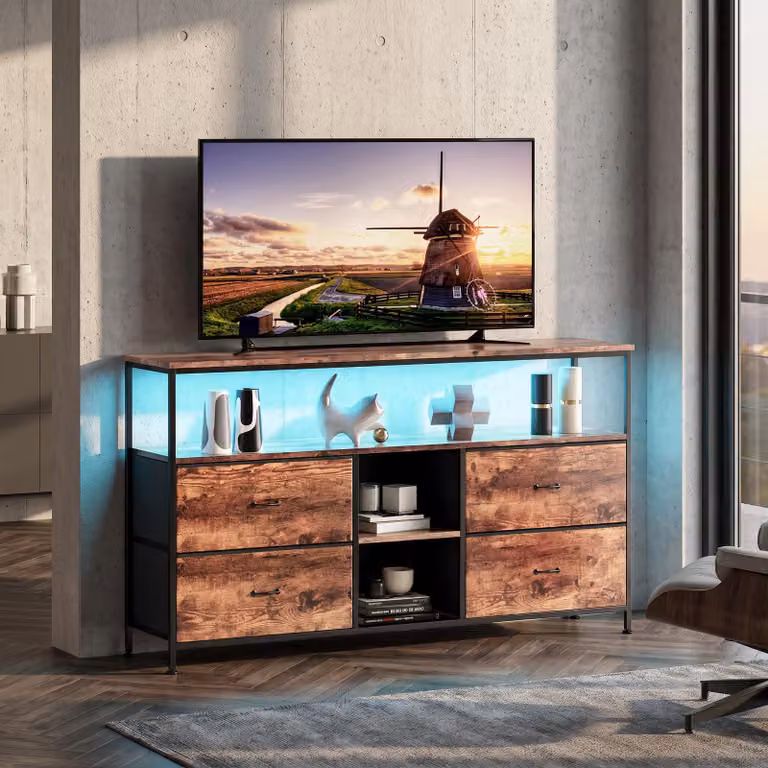Comò INONEFT con 4 cassetti rivestiti in tessuto, mobile contenitore con illuminazione a LED e struttura in metallo, cassettiera vintage marrone di 108 cm