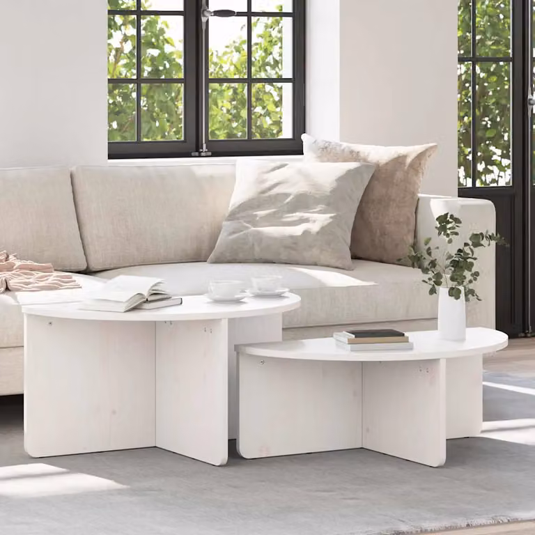 Set di 2 tavolini da salotto vidaXL in legno di pino rustico bianco, forma ovale, L/P/H: 79 x 39,5 x 40 cm