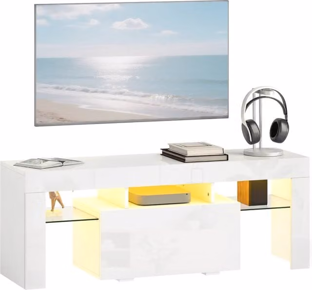 Mobile TV XYLO moderno bianco lucido con LED RGB e ripiani in vetro temperato L: 120 cm, P: 34 cm, H: 45 cm