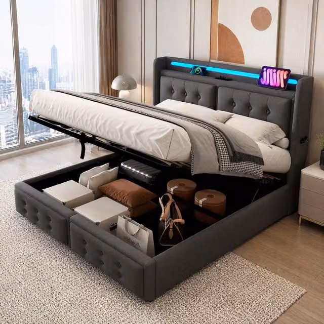 Letto Contenitore REDOM Grigio con Prese USB, Luci LED e Ripiani Integrati L/P/H: 160 x 200 x 161 cm – 1