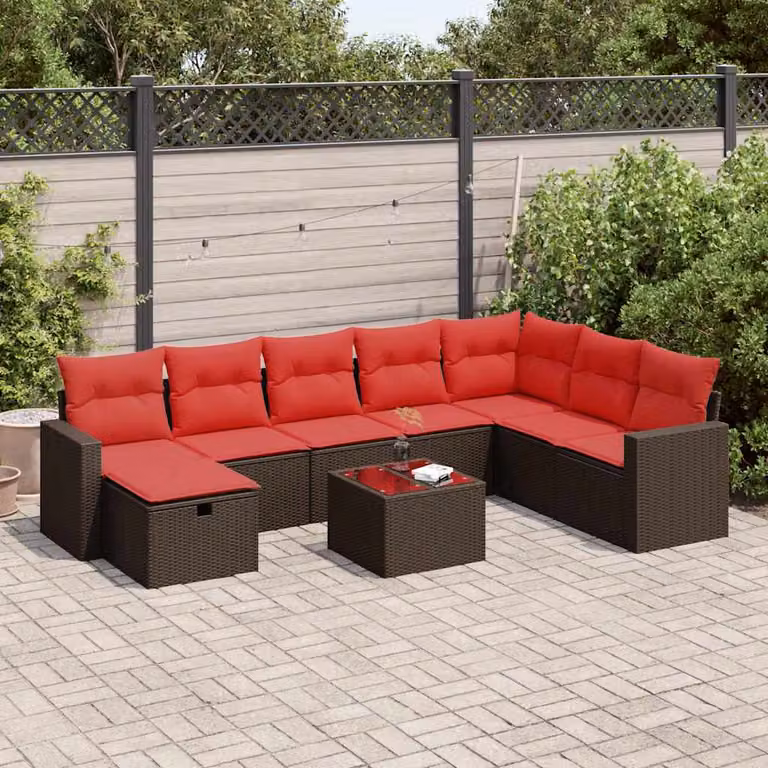 Set di divani da giardino vidaXL a forma di U composto da 9 pezzi con cuscini marroni e tavolino in vetro e struttura in metallo e rattan
