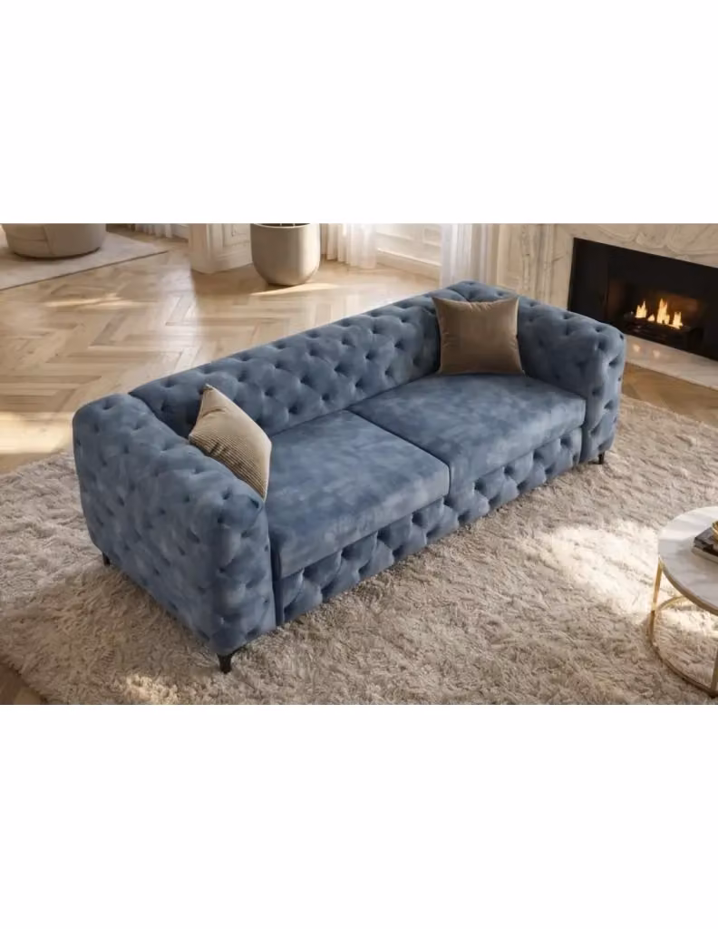 Divano dritto VELENA da 3 posti in velluto MEUBLORAMA - Blu - L: 235 cm, P: 74 cm, H: 95 cm – 2