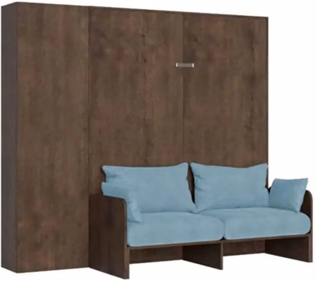 Letto matrimoniale a scomparsa Kentaro con divano e colonna, colore azzurro e noce, L/P/H: 160 x 190 cm – 1