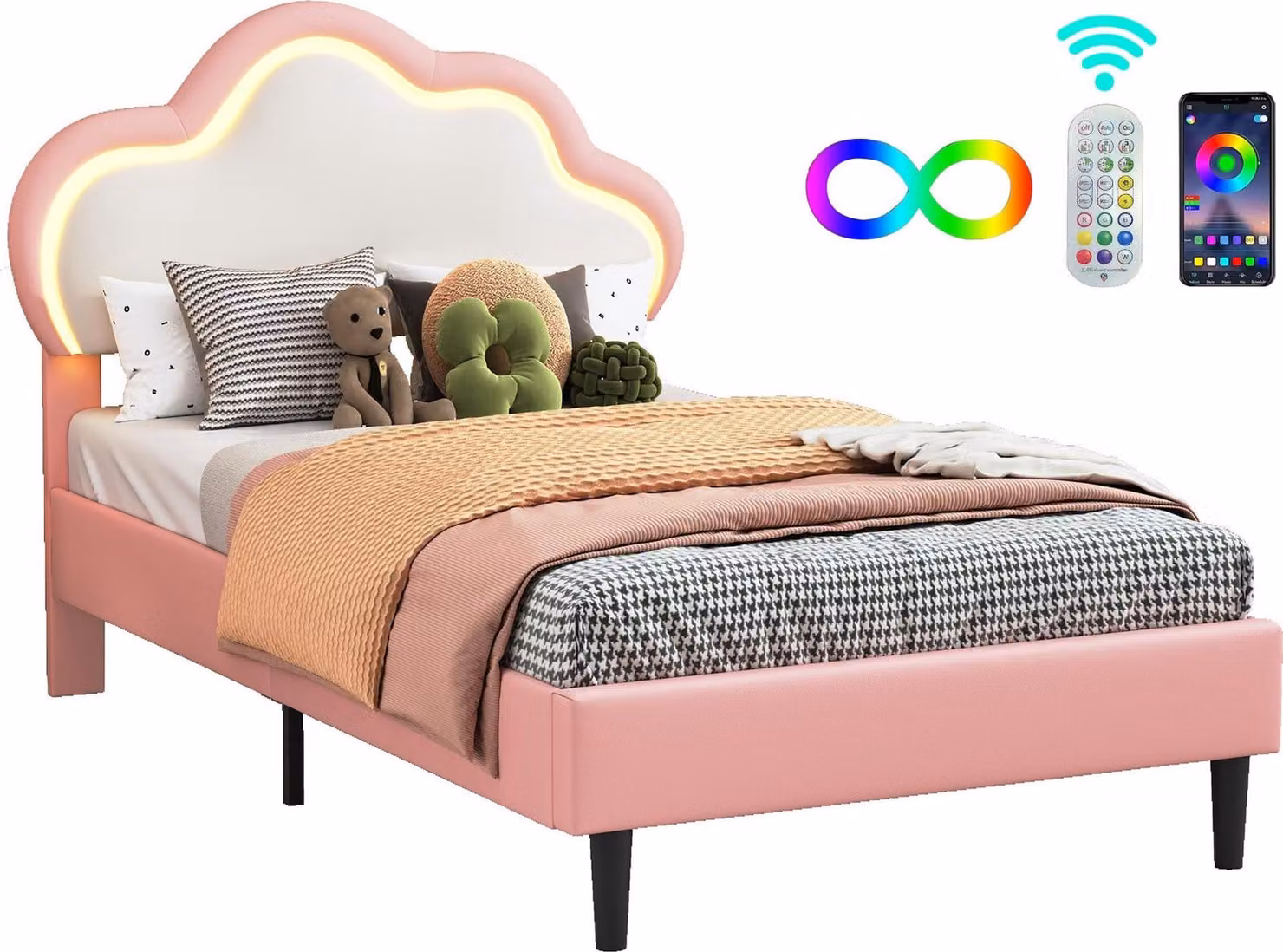 Letto imbottito Fortuna Lai 90x200 cm per bambini e ragazzi, testata a nuvola con illuminazione LED a 4 colori, testata regolabile in altezza, Pelle finta, rosa