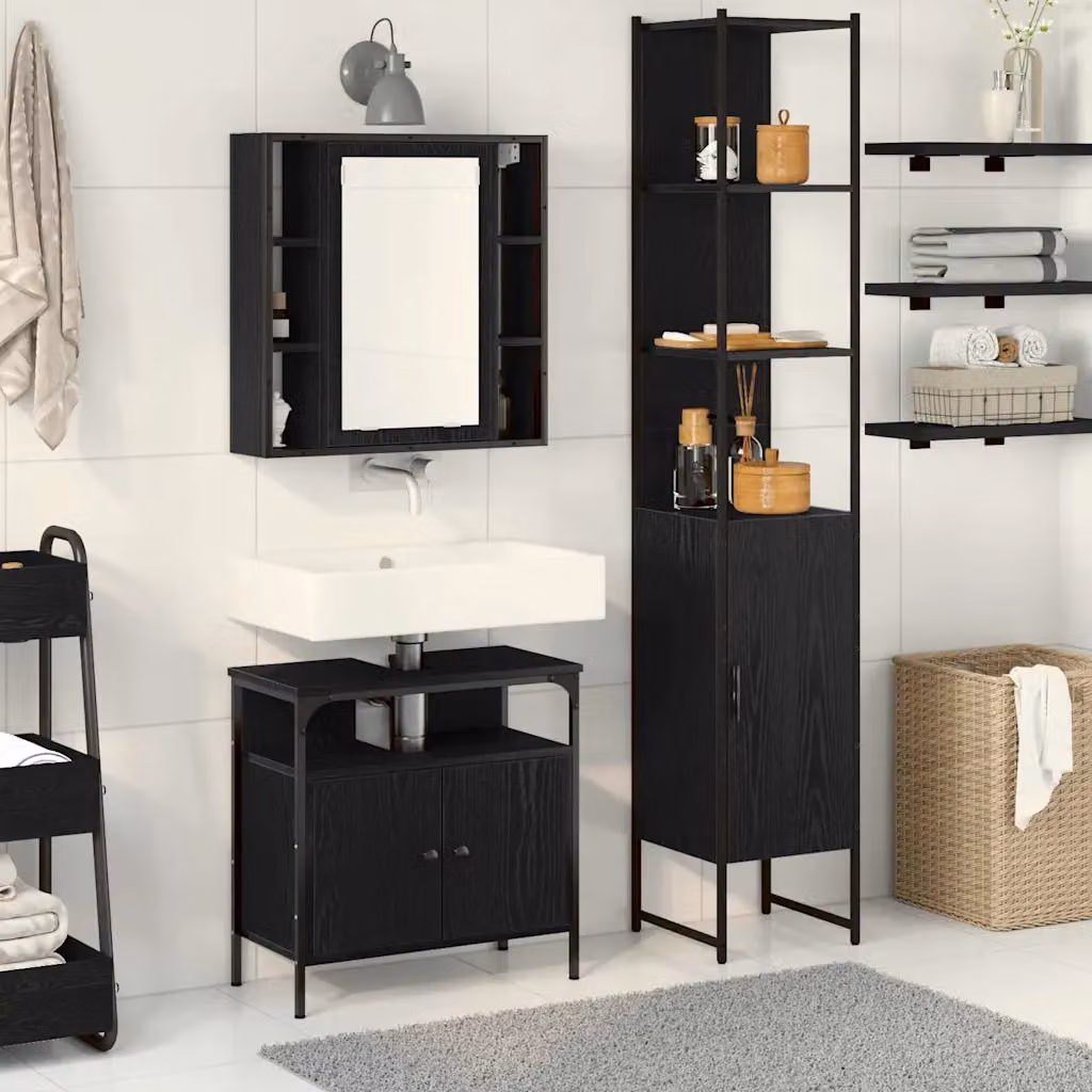 Set di mobili per il bagno moderno vidaXL in 3 pezzi nero lucido con armadietto a specchio, mobile lavabo e colonna alta L/P/H: 60,0 x 30,0 x 185,5 cm