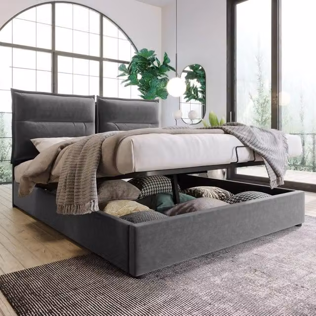 Letto imbottito contenitore matrimoniale ¨C Minimal ¨C Grigio velluto 140x200 cm con rete a doghe in metallo
