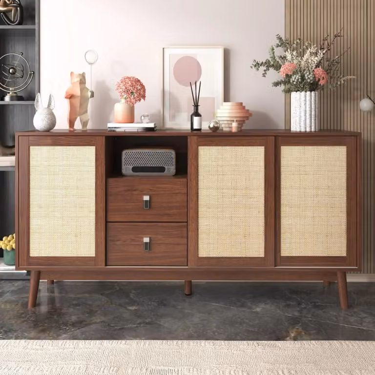 Credenza moderna in MDF con 3 ante scorrevoli in rattan e 2 cassetti, colore marrone scuro, L: 155 cm, P: 38 cm, H: 80 cm