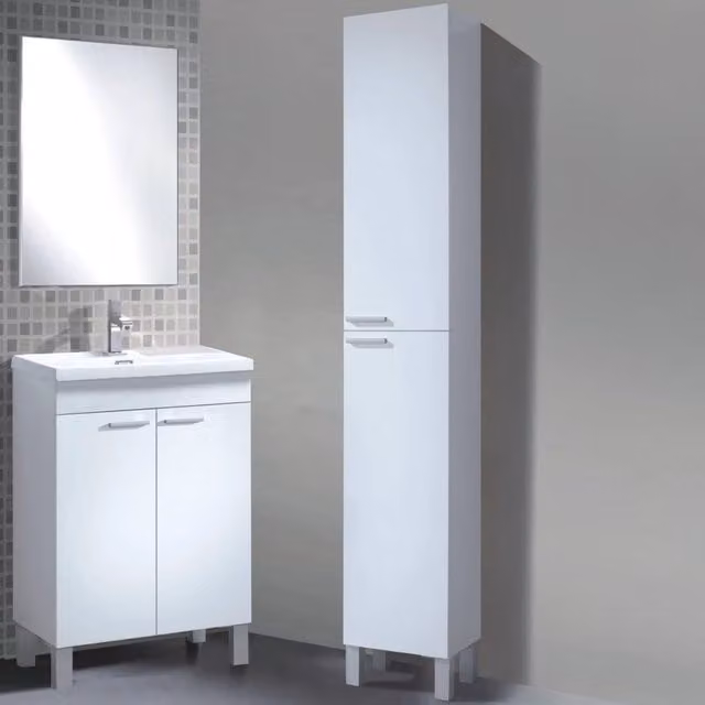 Set Mobili Bagno DMORA Tradate Bianco Lucido con Mobile Vanity, Armadietto Specchio e Colonna, Design Moderno – 1