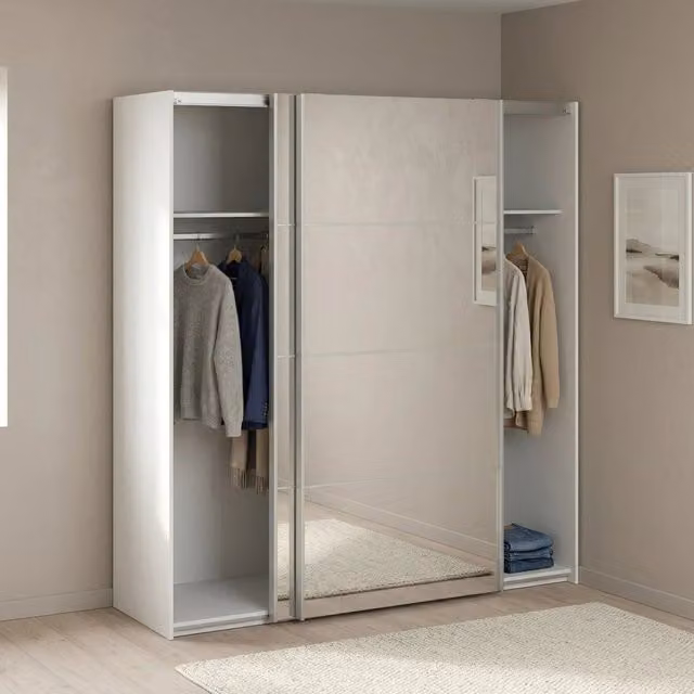 Armadio con ante scorrevoli DMORA per camera da letto, Bianco opaco, L: 182 cm, P: 64 cm, H: 201,5 cm
