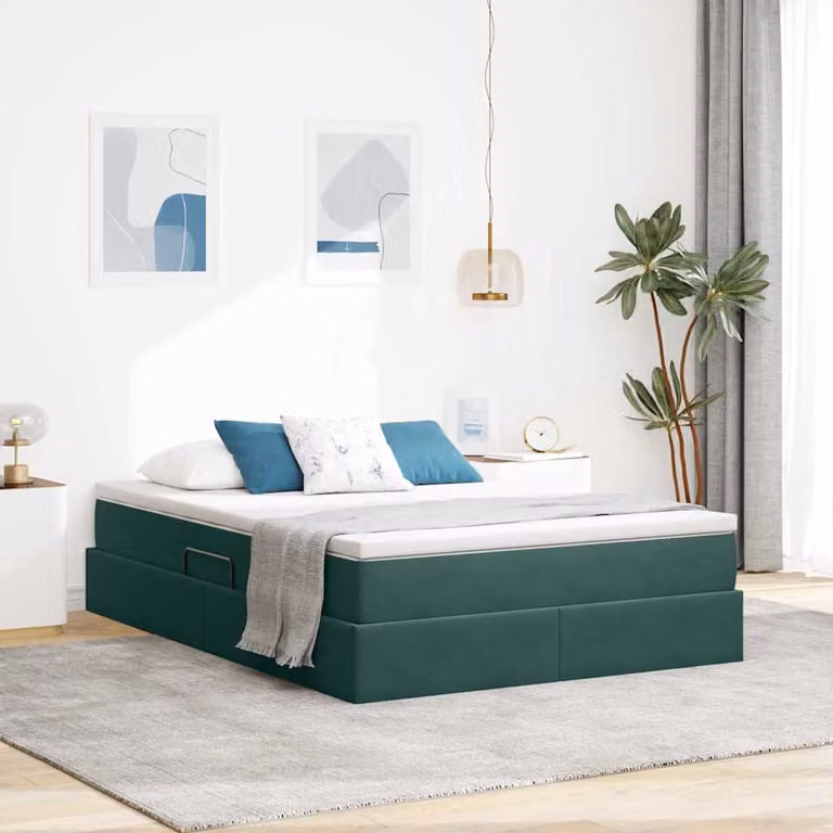 Letto con contenitore e materasso ibrido vidaXL in velluto verde e nero L 140 cm x P 200 cm, H 280 cm