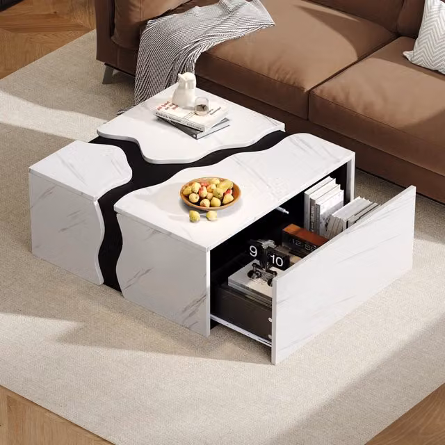 Tavolino da salotto Zephmum bianco con design geometrico e piano in marmo L/P/H: 70 x 70 x 31 cm