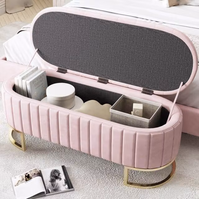 Pouf contenitore WISHDOR in velluto rosa con gambe in metallo L: 120 cm, P: 39,9 cm, H: 41,9 cm – 1