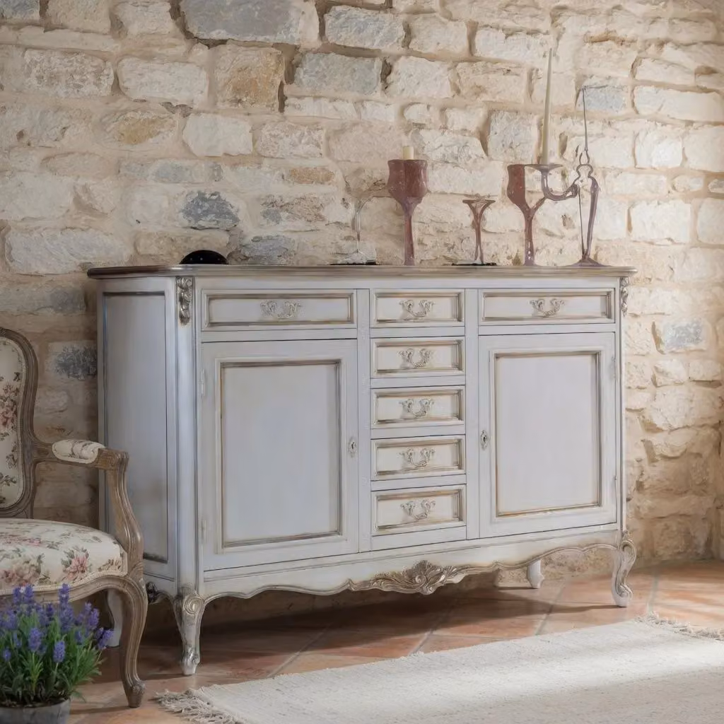Credenza classica in legno stile shabby chic con 2 porte e 7 cassetti Mobili 2G colore bianco e argento L: 190 cm, P: 62 cm, H: 107 cm – 2