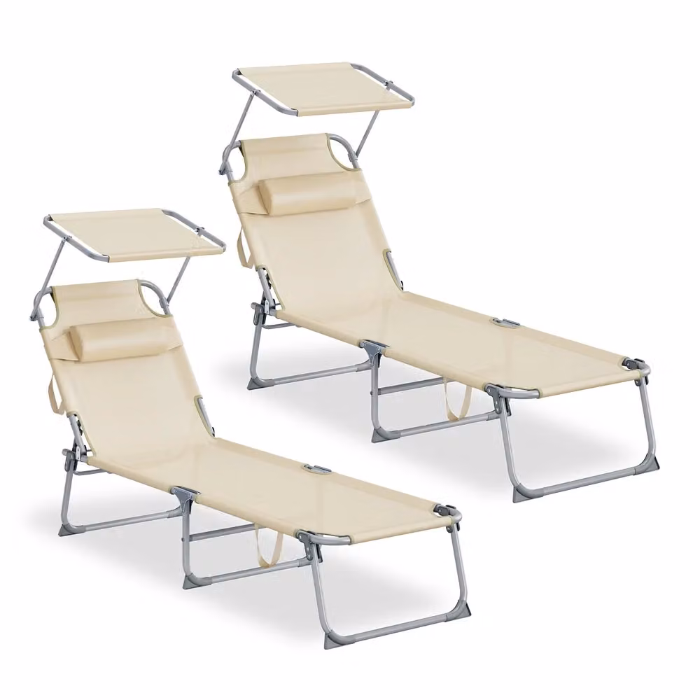 Set da 2 Sedie a Sdraio Pieghevoli con Schienale Regolabile, Beige