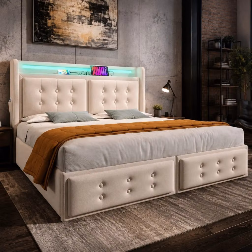 Letto imbottito REDOM con illuminazione LED, porte USB e 4 cassetti, Beige, 180x200 cm – 2
