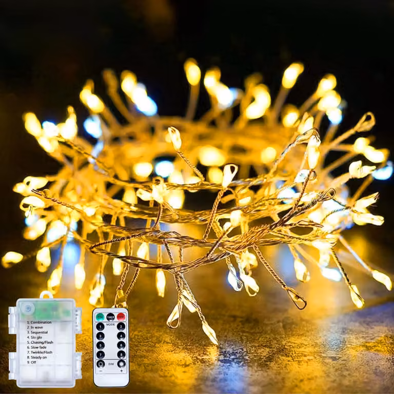 Catena luminosa a LED, 6 metri, 200 LED, luce bianco caldo, alimentazione a batteria, grado di protezione IP44