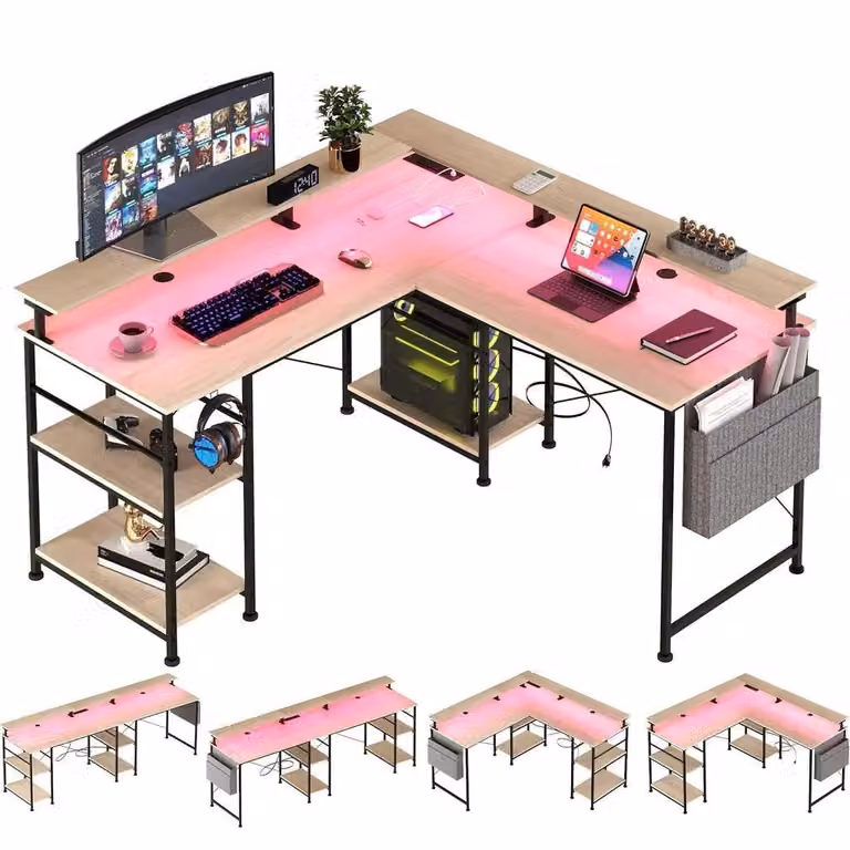 Scrivania a L AIORBER, 140x140x85 cm, scrivania angolare reversibile per computer con presa di corrente e striscia LED, scrivania per computer da gioco con supporto per monitor e vano portaoggetti, scrivania lunga per 2 persone, beige