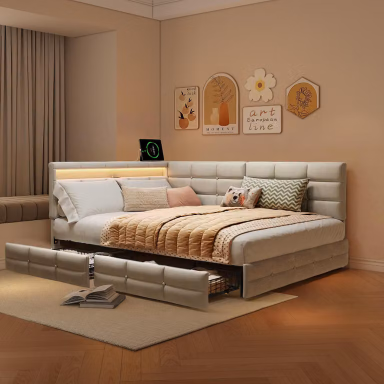 Letto per ragazzi UnboxG 140x190 cm con USB e Type-C, letto per bambini/divano letto con cassetto e vano portaoggetti, letto con contenitore e LED, divano letto classico beige