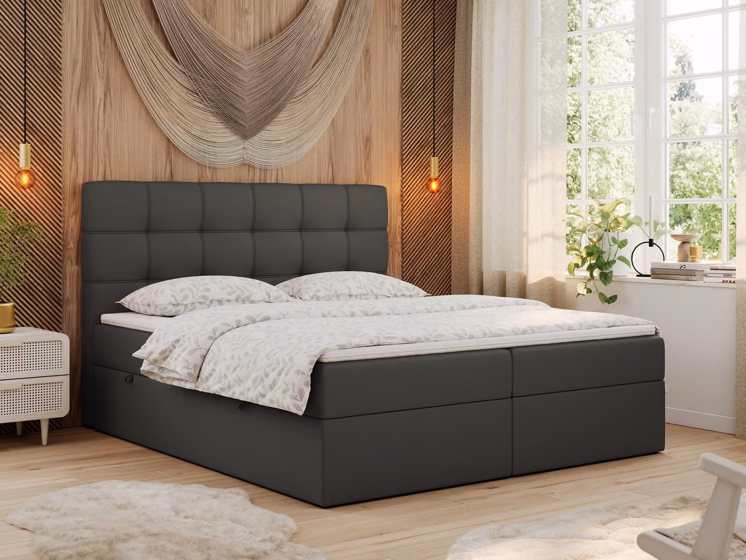 Letto boxspring MKS MEBLE 120x200 con materasso, letto con materasso Multipocket H4 e topper, letto imbottito 120x200 con contenitore e testiera, ERNI - Ecopelle grigio scuro