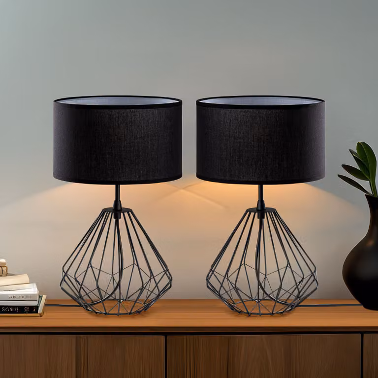 Opviq, set di lampade da tavolo di alta qualità (2 pezzi), nero, 25 x 25 x 43 cm | Struttura in metallo, paralume in tessuto, cavo da 200 cm, attacco E27, IP20 | Design moderno e industriale per ogni ambiente.