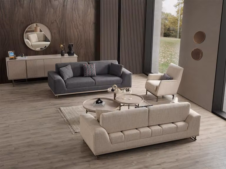 Elegante Beige Wohnzimmer Couchgarnitur Holz Konsole Couchtische