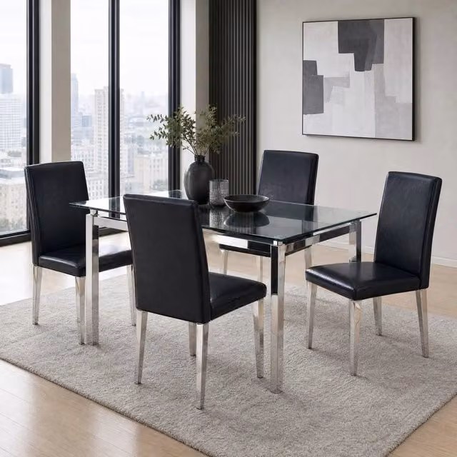 Set di 4 Sedie da Pranzo Minimaliste in PU Nero con Gambe in Metallo Argento, Altezza 90 cm