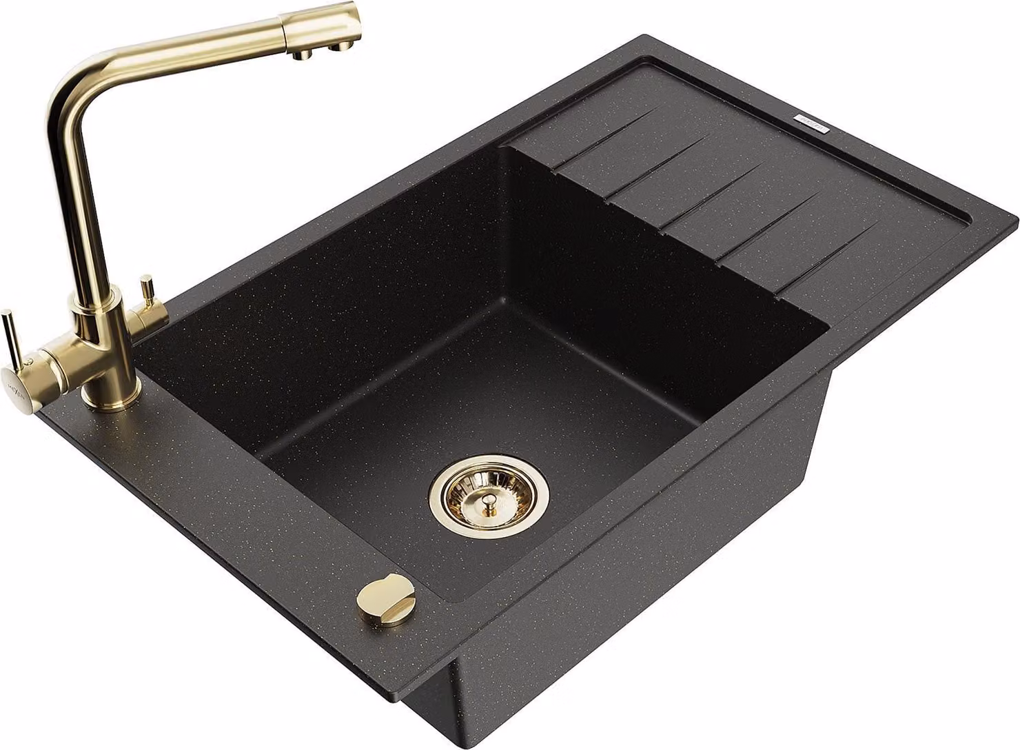 Mexen Elias lavello in granito 1-vasca con gocciolatoio e rubinetto da cucina Duero, nero/oro metallizzato - 6511-75-671600-50