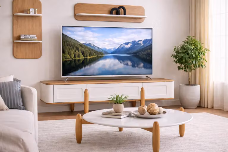 Set elegante per soggiorno: mobile TV a basso profilo, scaffali a parete raffinati, set di design