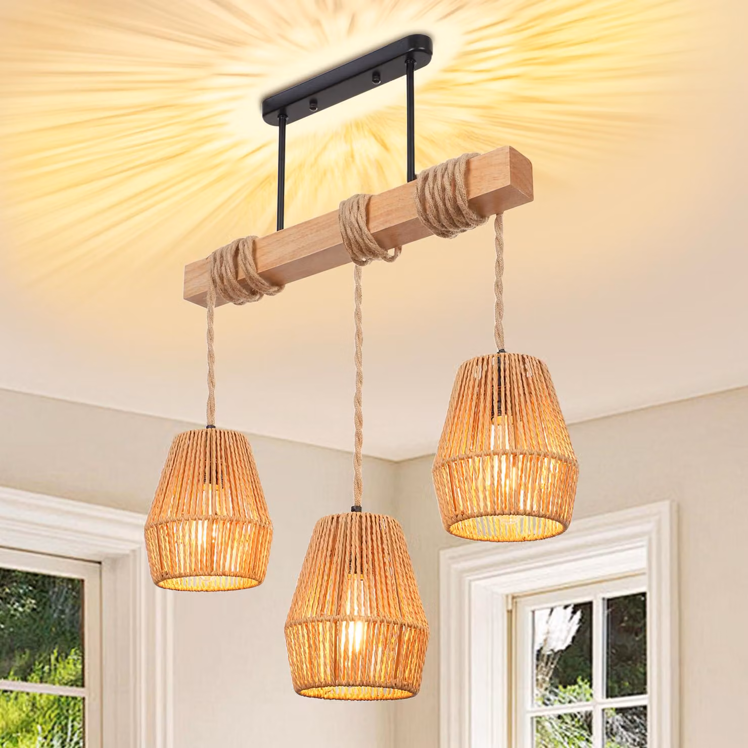 Lampada a sospensione con paralume in rattan attacco E27 Lampada a sospensione a 3 luci Lampadario regolabile in altezza per cucina, tavolo da pranzo, soggiorno