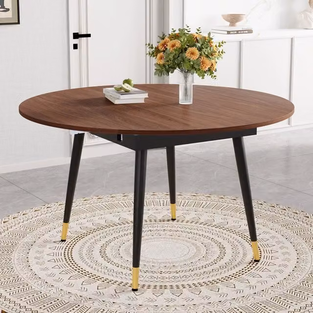 Tavolo da Pranzo Allungabile Rotondo a Ovale ¨C MINIMAL ¨C MDF Nero/Noce, Gambe in Metallo
