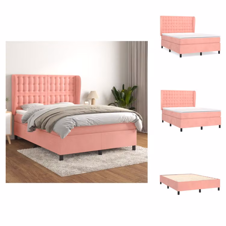 vidaXL Letto a molle con materasso rosa 140x200 cm in velluto - Letti & Reti