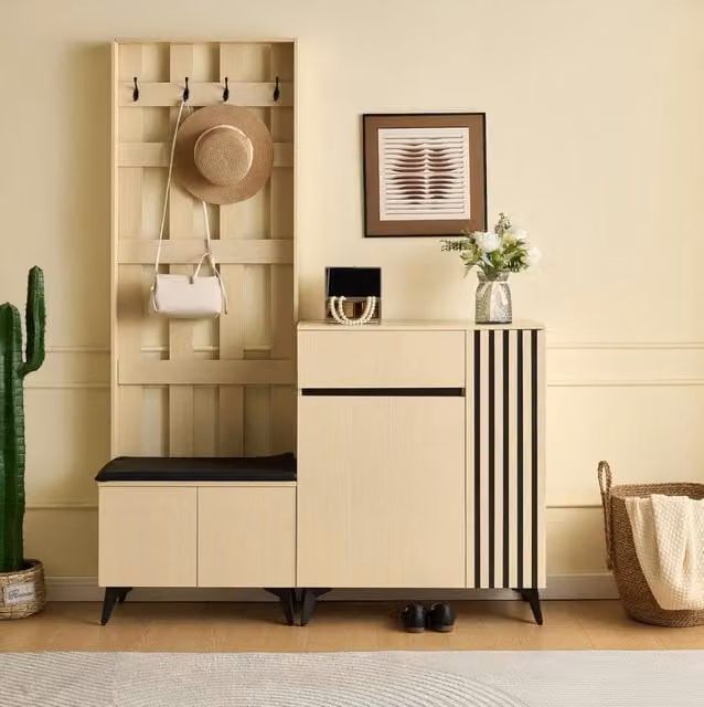 Set guardaroba con panca imbottita e scarpiera con cassetto; MDF; effetto legno chiaro